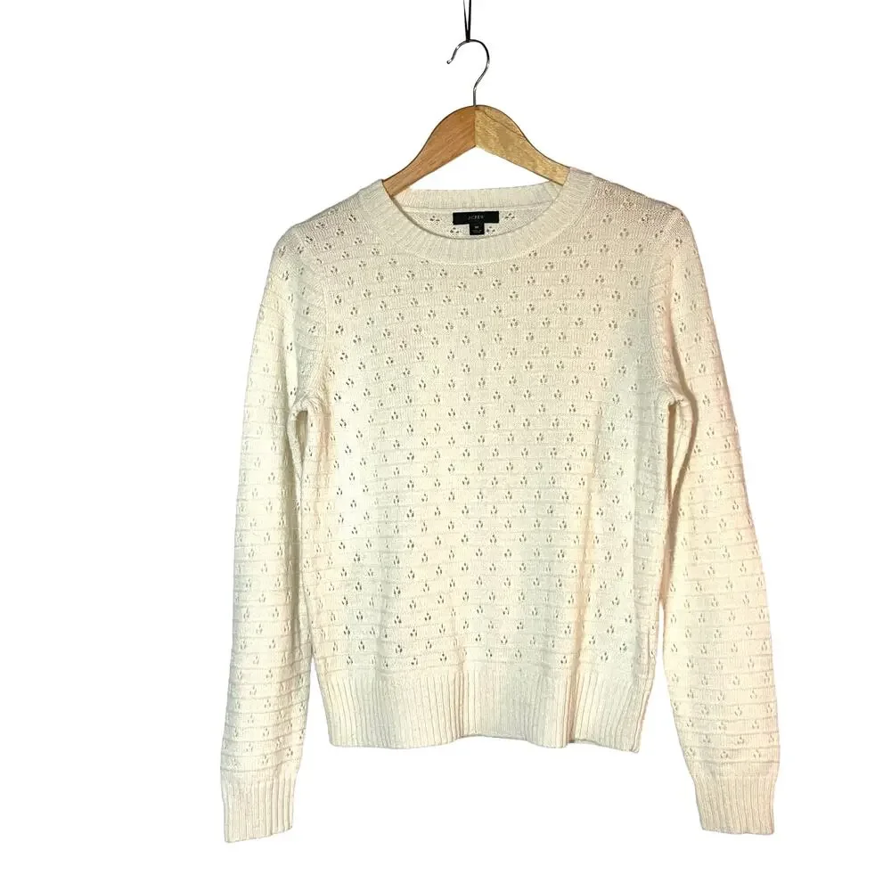 J. Crew Sweater Medium Open Knit Eyelet Cream Ivory Crewneck Alpaca Wool